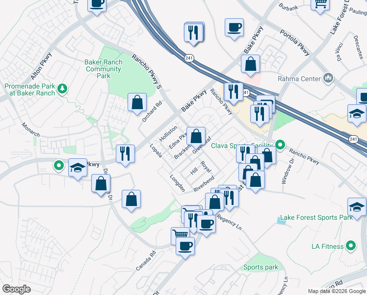 map of restaurants, bars, coffee shops, grocery stores, and more near 241 Brackens in Lake Forest