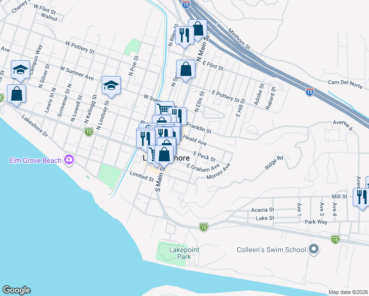 map of restaurants, bars, coffee shops, grocery stores, and more near 137 East Peck Street in Lake Elsinore