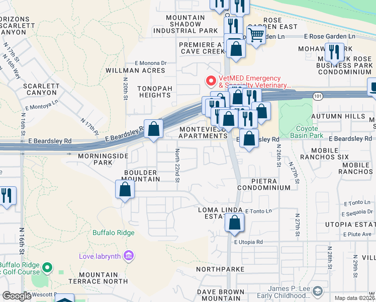 map of restaurants, bars, coffee shops, grocery stores, and more near 2206 East Menadota Drive in Phoenix