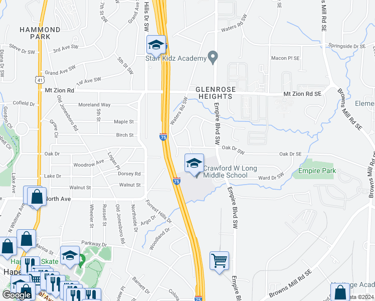 map of restaurants, bars, coffee shops, grocery stores, and more near 11 Oak Drive Southwest in Atlanta