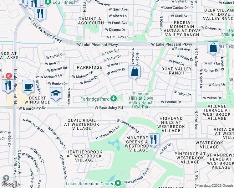 map of restaurants, bars, coffee shops, grocery stores, and more near 9631 North 96th Lane in Peoria