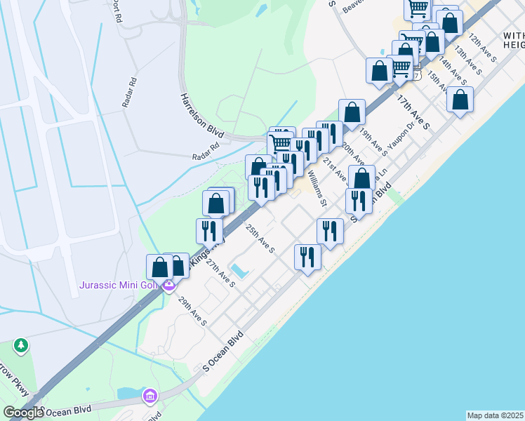 map of restaurants, bars, coffee shops, grocery stores, and more near S Kings Hwy in Myrtle Beach