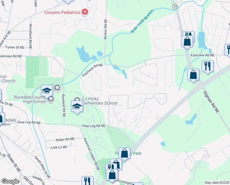 map of restaurants, bars, coffee shops, grocery stores, and more near 920 Park Place Northeast in Conyers