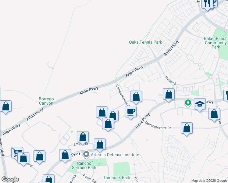 map of restaurants, bars, coffee shops, grocery stores, and more near 122 Encantador in Lake Forest