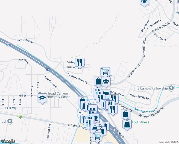 map of restaurants, bars, coffee shops, grocery stores, and more near 21062 Kimberly Court in Lake Elsinore