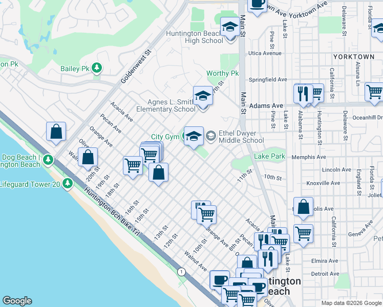 map of restaurants, bars, coffee shops, grocery stores, and more near 1505 Palm Avenue in Huntington Beach
