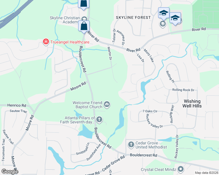 map of restaurants, bars, coffee shops, grocery stores, and more near 3871 Martin Drive in Ellenwood