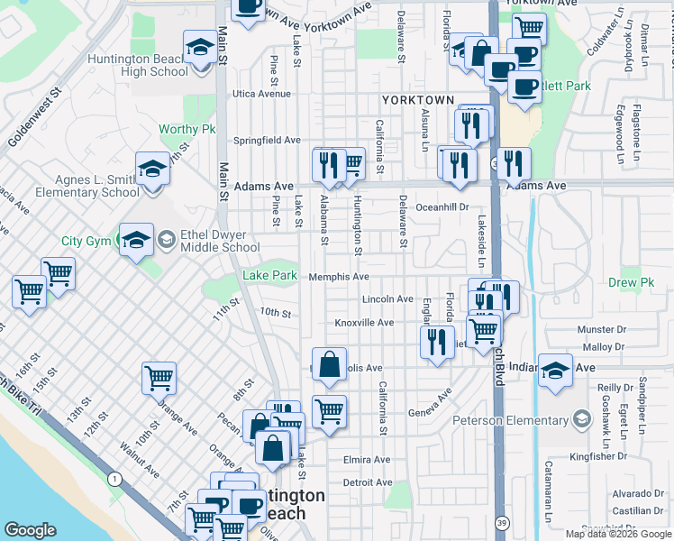 map of restaurants, bars, coffee shops, grocery stores, and more near 212 Nashville Avenue in Huntington Beach