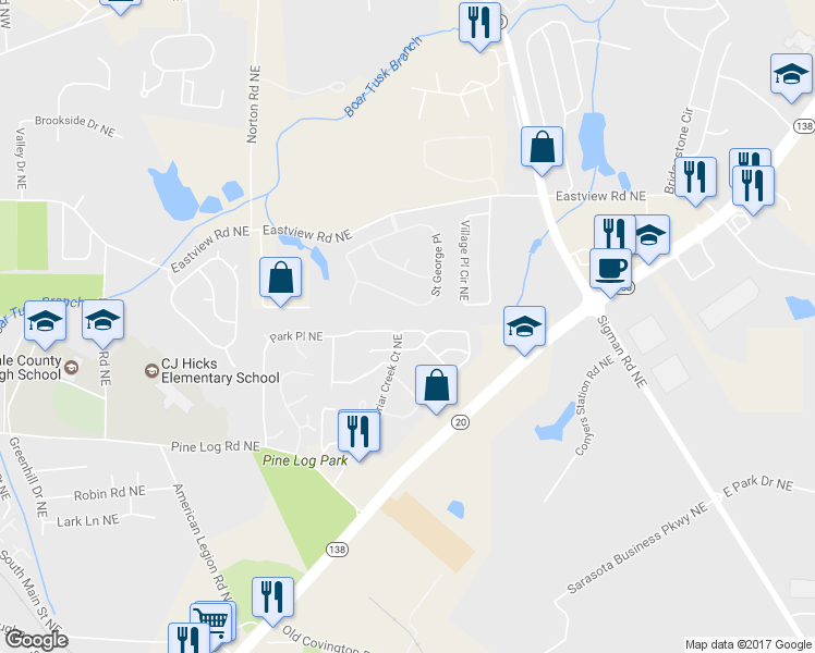 map of restaurants, bars, coffee shops, grocery stores, and more near 2038 Reavis Bluff NE in Conyers