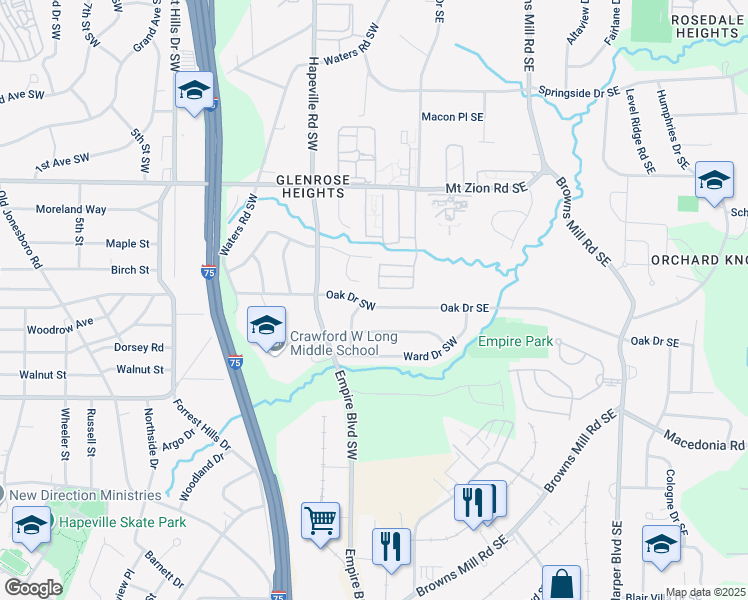 map of restaurants, bars, coffee shops, grocery stores, and more near 130 Oak Drive Southwest in Atlanta