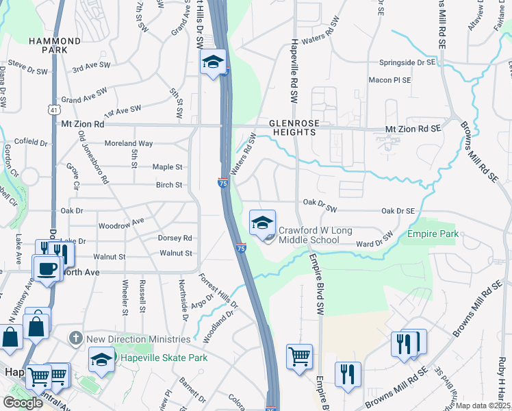 map of restaurants, bars, coffee shops, grocery stores, and more near 11 Oak Drive Southwest in Atlanta
