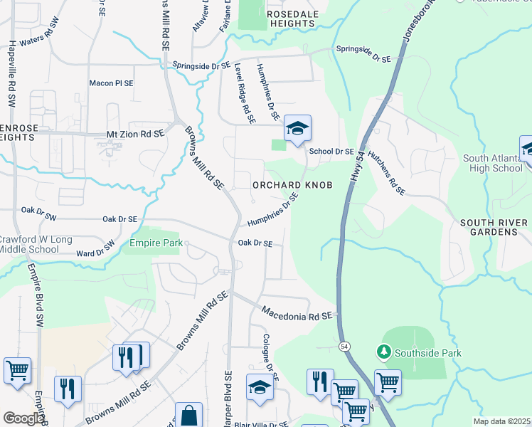 map of restaurants, bars, coffee shops, grocery stores, and more near 3175 Humphries Drive Southeast in Atlanta