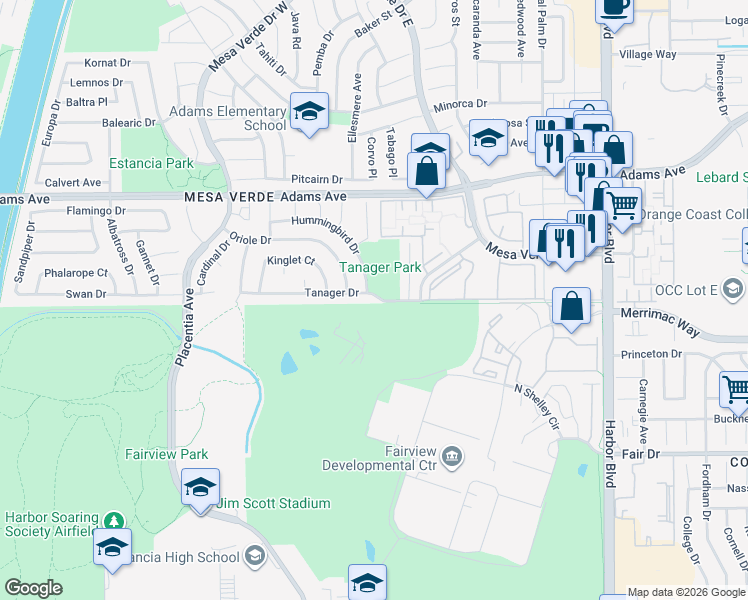 map of restaurants, bars, coffee shops, grocery stores, and more near 1773 Tanager Drive in Costa Mesa