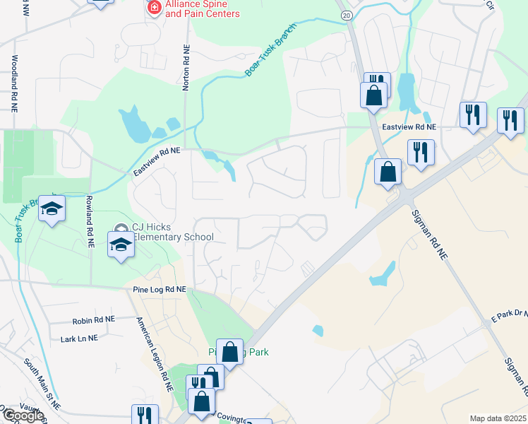 map of restaurants, bars, coffee shops, grocery stores, and more near 2012 Briar Creek Court Northeast in Conyers