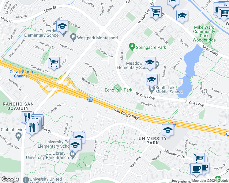 map of restaurants, bars, coffee shops, grocery stores, and more near 38 Echo Run in Irvine