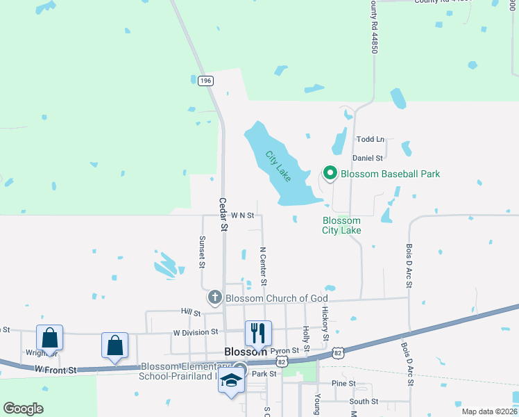 map of restaurants, bars, coffee shops, grocery stores, and more near 110 North Street in Blossom