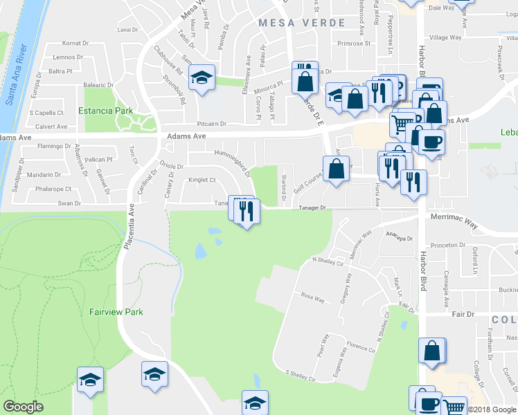 map of restaurants, bars, coffee shops, grocery stores, and more near 1773 Tanager Drive in Costa Mesa