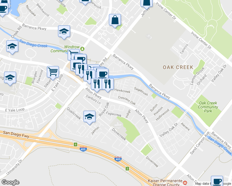 map of restaurants, bars, coffee shops, grocery stores, and more near 309 Falcon Creek in Irvine