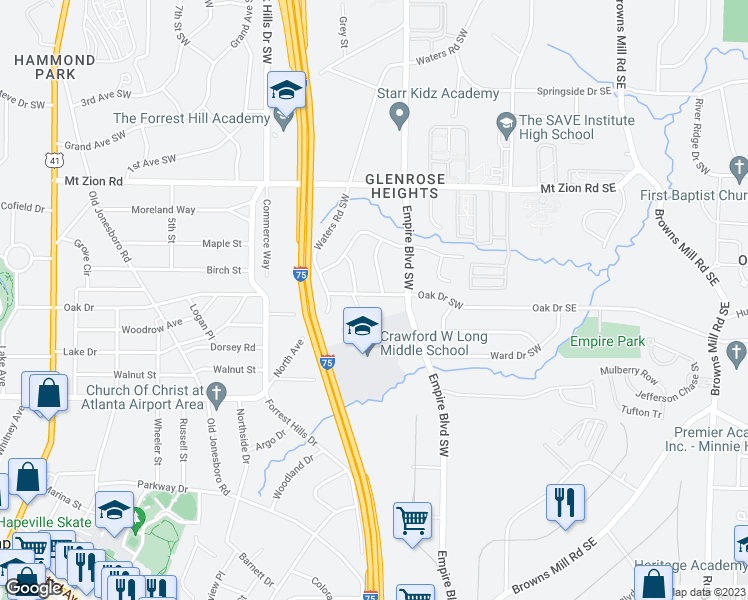 map of restaurants, bars, coffee shops, grocery stores, and more near 29 Oak Drive Southwest in Atlanta