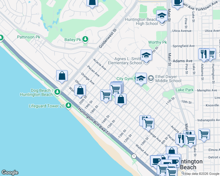 map of restaurants, bars, coffee shops, grocery stores, and more near 423 18th Street in Huntington Beach