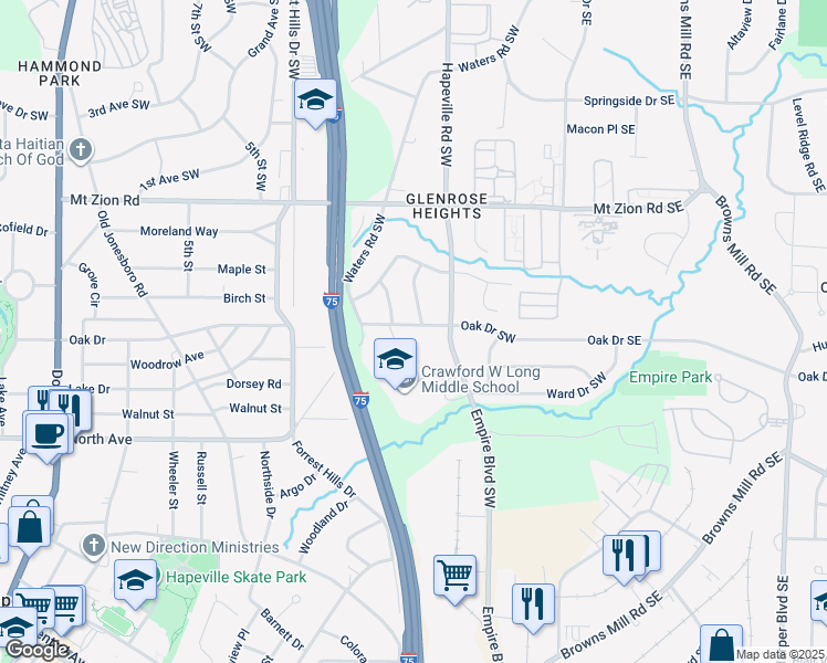 map of restaurants, bars, coffee shops, grocery stores, and more near 3133 Lone Oak Avenue Southwest in Atlanta
