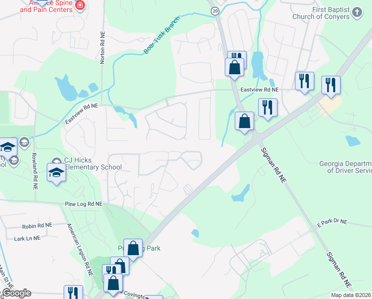 map of restaurants, bars, coffee shops, grocery stores, and more near 2056 Belmont Circle Northeast in Conyers