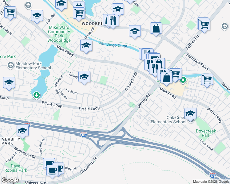 map of restaurants, bars, coffee shops, grocery stores, and more near 475 Springbrook North in Irvine