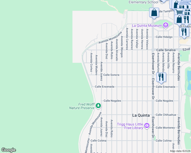 map of restaurants, bars, coffee shops, grocery stores, and more near 77211 Calle Sonora in La Quinta