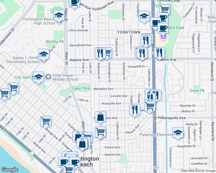 map of restaurants, bars, coffee shops, grocery stores, and more near 1307 Huntington Street in Huntington Beach