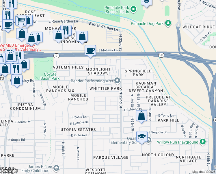 map of restaurants, bars, coffee shops, grocery stores, and more near 3121 East Escuda Road in Phoenix