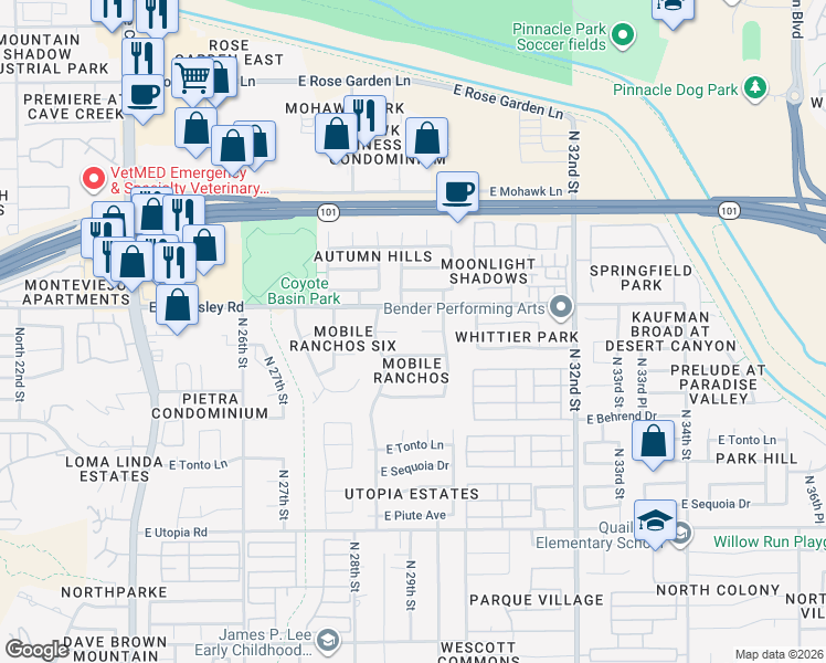 map of restaurants, bars, coffee shops, grocery stores, and more near 2934 East Escuda Road in Phoenix