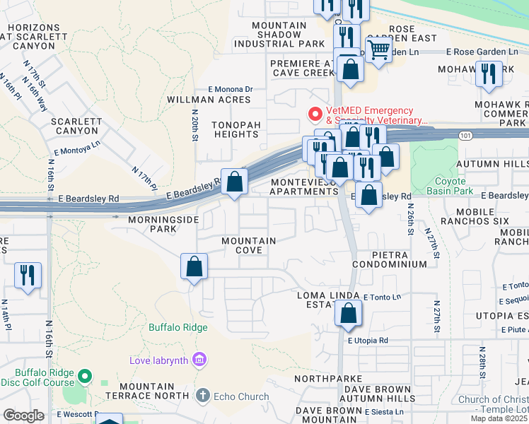 map of restaurants, bars, coffee shops, grocery stores, and more near 2206 East Menadota Drive in Phoenix