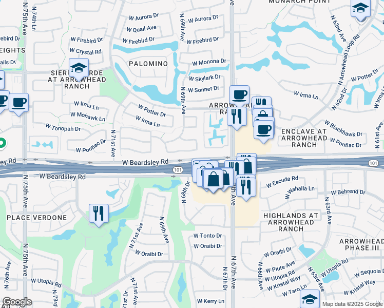 map of restaurants, bars, coffee shops, grocery stores, and more near 6861 West Pontiac Drive in Glendale