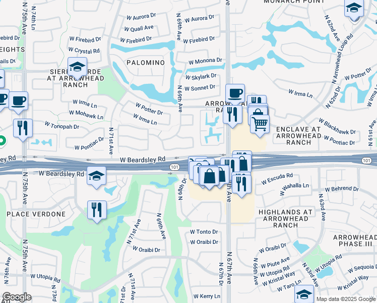 map of restaurants, bars, coffee shops, grocery stores, and more near 6861 West Pontiac Drive in Glendale