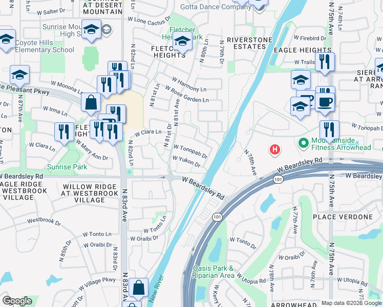 map of restaurants, bars, coffee shops, grocery stores, and more near 8010 West Tonopah Drive in Peoria
