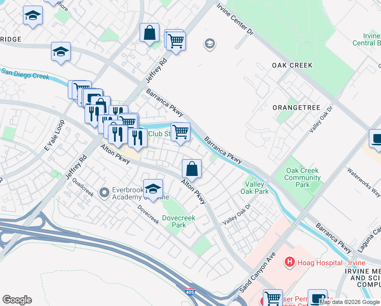 map of restaurants, bars, coffee shops, grocery stores, and more near 38 Sagebrush in Irvine