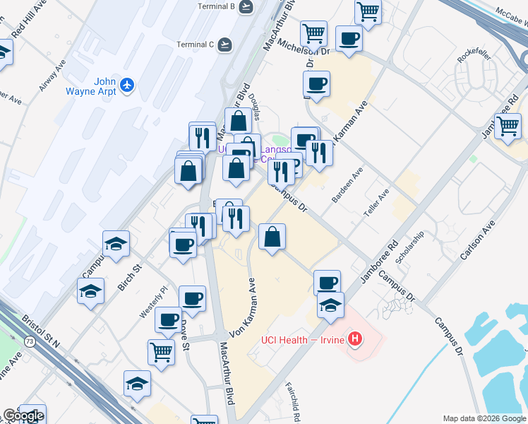 map of restaurants, bars, coffee shops, grocery stores, and more near 4881 Birch Street in Newport Beach