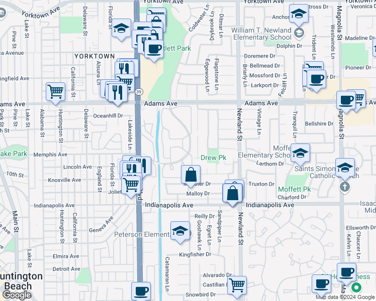map of restaurants, bars, coffee shops, grocery stores, and more near 20201 South New Britain Lane in Huntington Beach