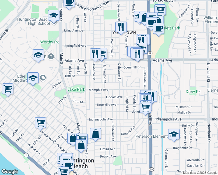 map of restaurants, bars, coffee shops, grocery stores, and more near 312 Nashville Avenue in Huntington Beach