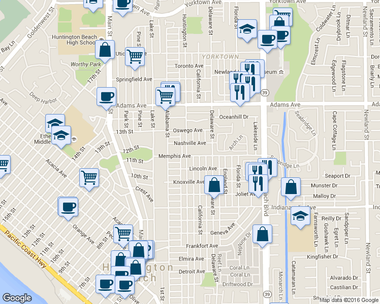map of restaurants, bars, coffee shops, grocery stores, and more near 312 Nashville Avenue in Huntington Beach