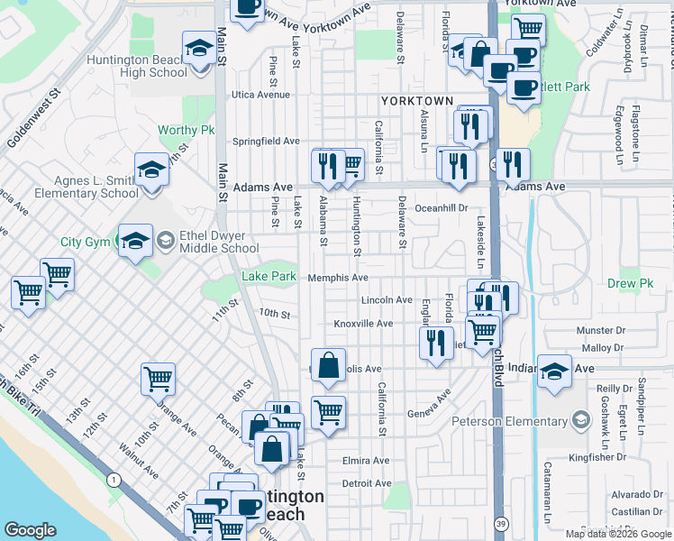 map of restaurants, bars, coffee shops, grocery stores, and more near 212 Nashville Avenue in Huntington Beach