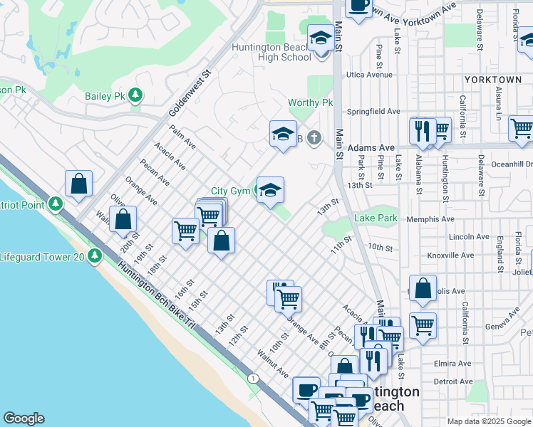 map of restaurants, bars, coffee shops, grocery stores, and more near 622 16th Street in Huntington Beach