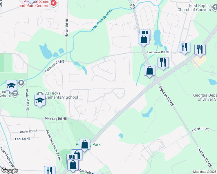map of restaurants, bars, coffee shops, grocery stores, and more near 2038 Reavis Bluff Northeast in Conyers