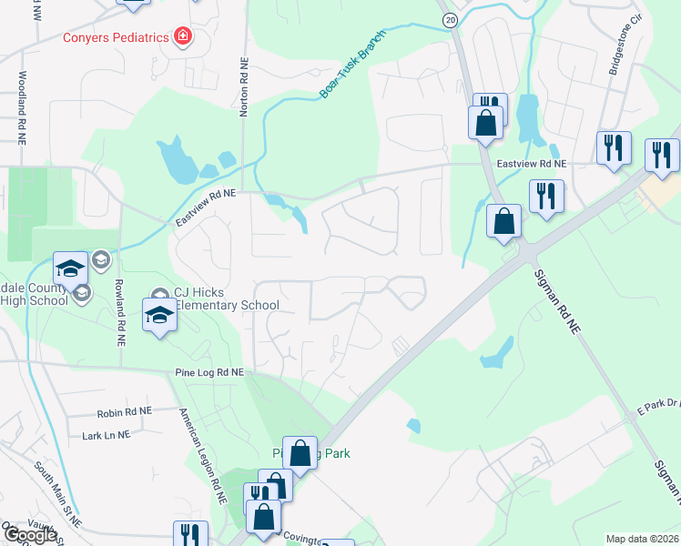map of restaurants, bars, coffee shops, grocery stores, and more near 2012 Briar Creek Court Northeast in Conyers