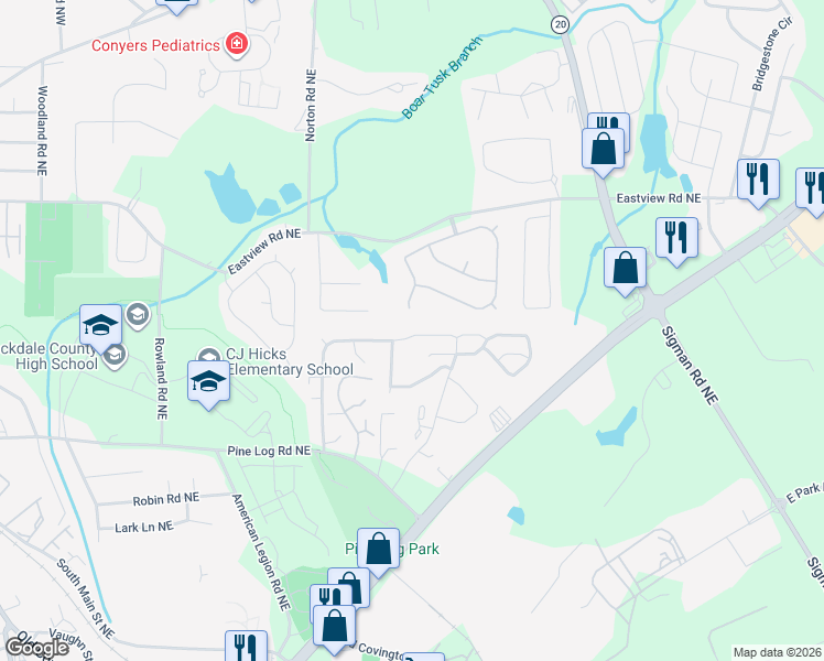 map of restaurants, bars, coffee shops, grocery stores, and more near 1430 Denison Court Northeast in Conyers