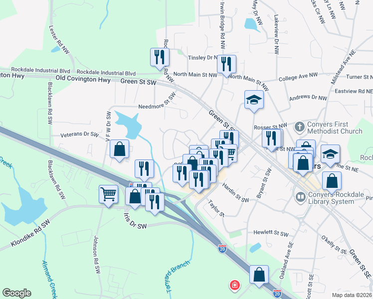map of restaurants, bars, coffee shops, grocery stores, and more near 2212 Palomino Lane in Conyers