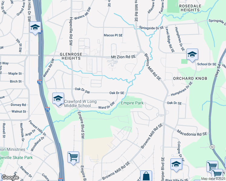 map of restaurants, bars, coffee shops, grocery stores, and more near 188 Oak Drive Southeast in Atlanta