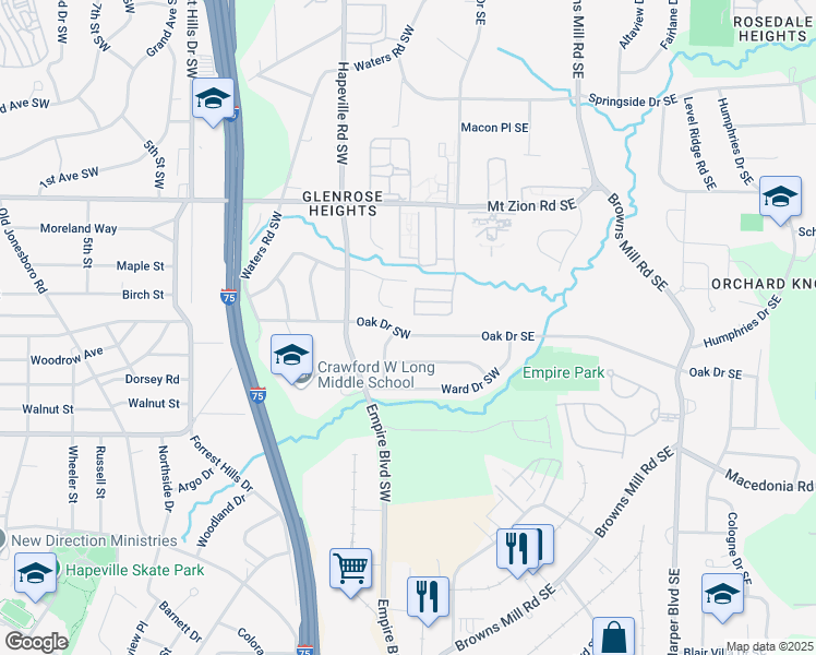 map of restaurants, bars, coffee shops, grocery stores, and more near 130 Oak Drive Southwest in Atlanta