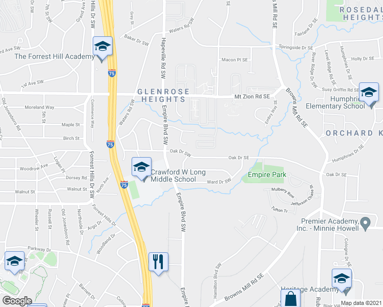 map of restaurants, bars, coffee shops, grocery stores, and more near 130 Oak Drive Southwest in Atlanta