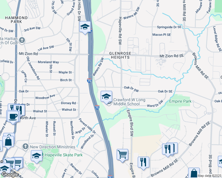 map of restaurants, bars, coffee shops, grocery stores, and more near 3133 Lone Oak Avenue Southwest in Atlanta